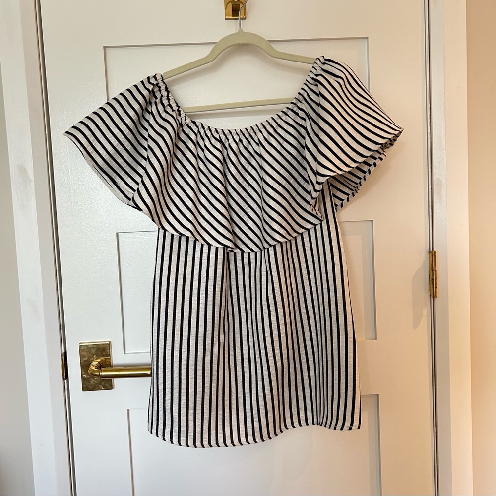 REFORMATION Striped off shoulder dress